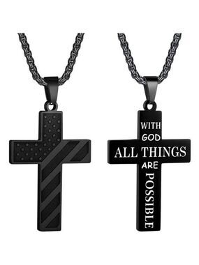 BLACK American Flag GOD Cross Necklace Men Stainless Steel Box Chain 22+2 inch
